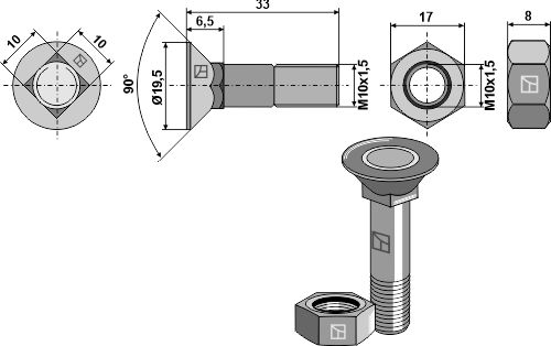 Plovbolt M10x1,5x33 og sekskantmøtrik