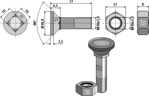 Plovbolt M10x1,5x33 og sekskantmøtrik