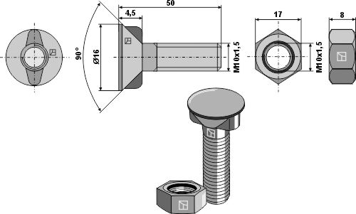 Plogbolt M10x1,5x50 med sekskantmutter