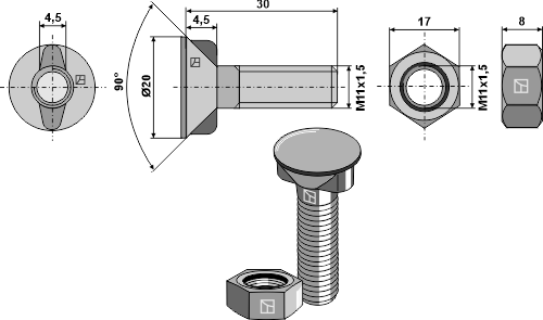 Plough bolt M11x1,5x30 with hexagon nut