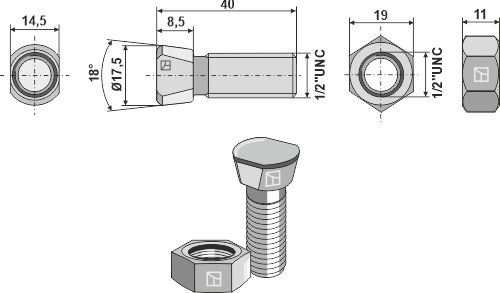 Plogbult 1/2''UNCx40 med sexkantsmutter