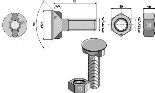 Plough bolt M12x1,25x45 with hexagon nut