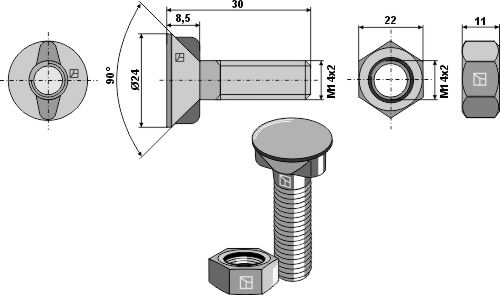 Kyntöruuvi M14x2x30 kuusikulmaisella mutterilla