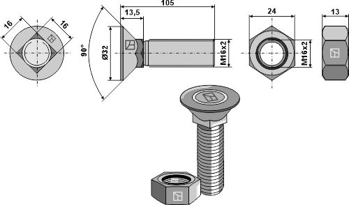 Plough bolt DIN608 M16x2x105 and hexagon nut
