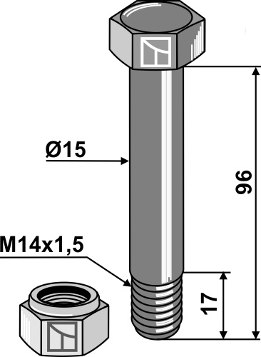 Sekskantbolt M14x1,5x96 med selvlåsende mutter