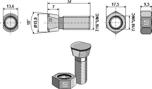 Plogbult 7/16''UNCx32 med sexkantsmutter
